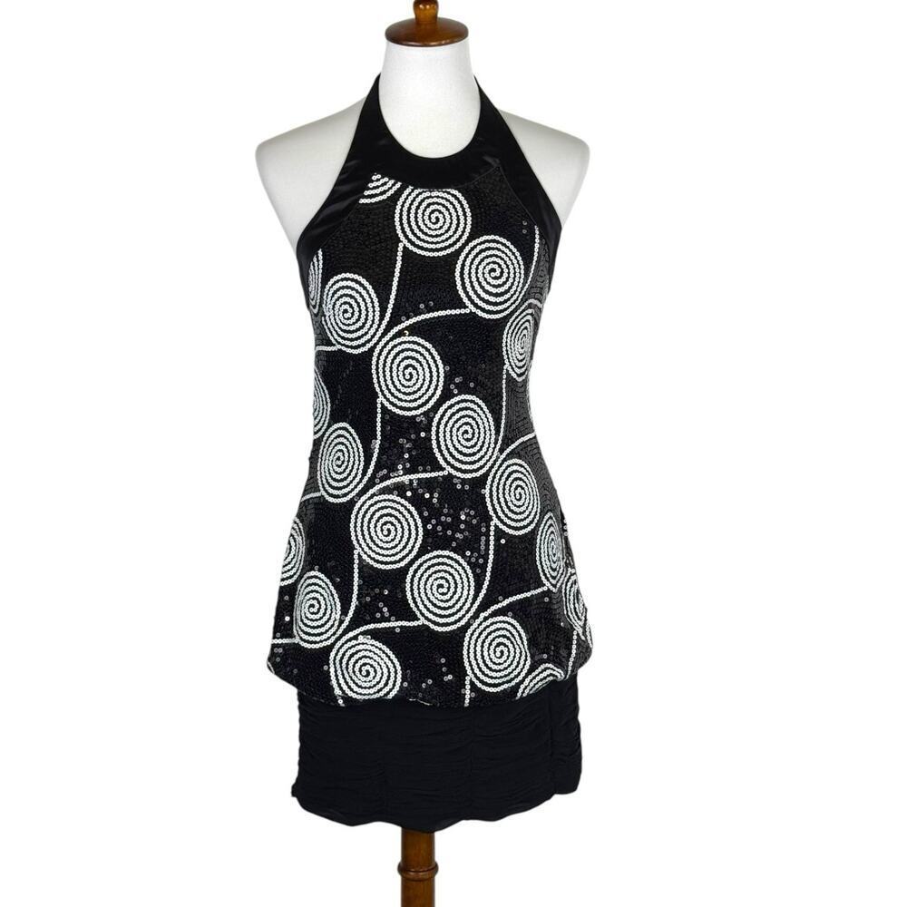 Caché Black White Y2K Glam 90s Sequin Swirl Bubble Hem Halter Mini Dress Size 8